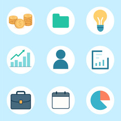 Set of flat vector business and finance icons: coins, folder, light bulb, chart, calendar, briefcase. Perfect for infographics, web design, presentations.