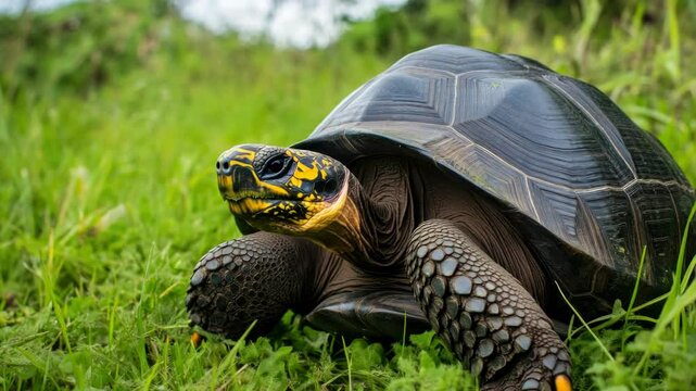 A large tortoise is laying on the grass. It has a yellow and black pattern on its shell