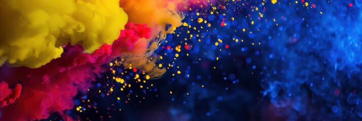 Vivid abstract colors celebrating ecuador independence day. Background in colors of flag of Ecuador. Horizontal banner. Copy space. Free space for text