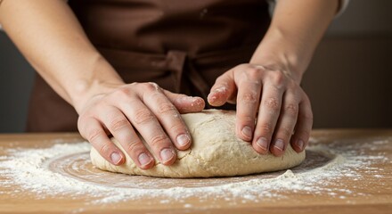 Fototapeta premium Hands Gently Kneading Dough on Floured Wooden Board