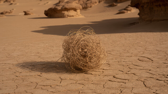 Tumbleweed resting on cracked desert ground with unique rock formations under bright sun.
