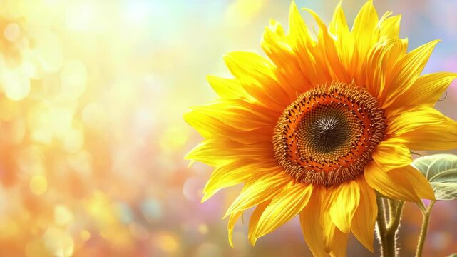 Vibrant sunflower with a dark center and green stem, surrounded by a bokeh effect.