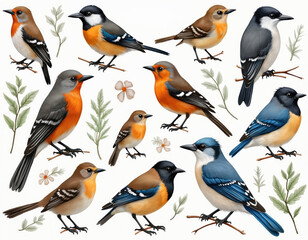 Fototapeta premium Watercolor illustration big set of forest birds. Hand drawn realistic bird collection. Woodpecker, robin, owl, magpie, chickadee, wren, bluebird, jay elements. Perfect for printing, stickers, poster.