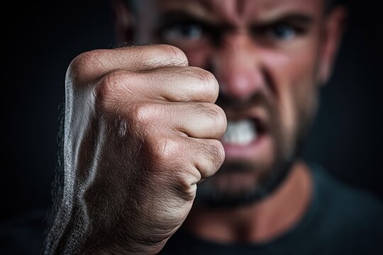 close-up of clenched fist and angry man face expressing raw aggression