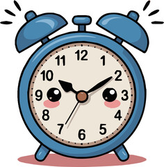 Cartoon illustration of a blue alarm clock with a cute face on a light pink background design style