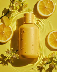 Vibrant yellow cosmetic bottle surrounded by lemon slices and flowers on a rippled water surface.

