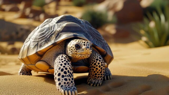 A turtle is standing on the sand. It has a brown shell and a black head. The turtle is looking at the camera