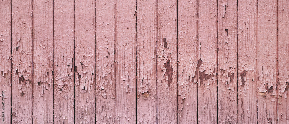Poster wooden fence as pink texture background. fence is old and has a lot of peeling paint and has rough t