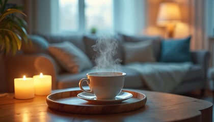 Fototapeta premium Cozy home interior scene with warm cup of tea on wooden tray. Steam rising from mug, candles, sofa in soft light. Relaxing morning, home comfort, lifestyle, weekend. Interior design, hygge, calm