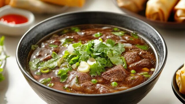 A warm bowl of hearty Mexican beef chili, prepared with spicy chili peppers, earthy cumin, and aromatic herbs.