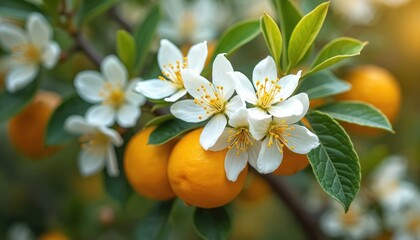 Close-up citrus blossoms with ripe fruit, green leaves on tree branch. White flowers with yellow stamens, vibrant yellow lemons in sun. Agriculture, eco, organic farm, fresh fruit harvest.