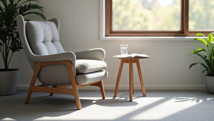 Fototapeta premium Modern Office Break Nook with Comfortable Armchair, Wooden Side Table, and Glass of Water