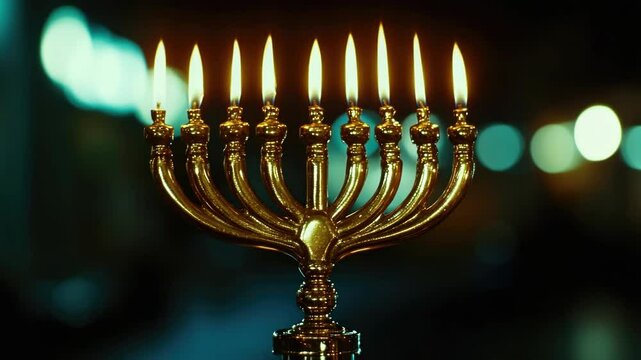 A lit Hanukkah menorah with eight candles, symbolizing the Jewish holiday of freedom and light.