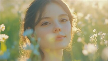 Meditative woman with eyes closed, surrounded by wildflowers. Serene spring  for relaxation and nature inspiration.