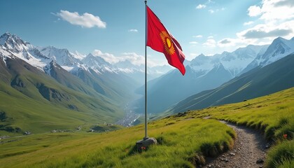 Fototapeta premium Kyrgyzstan flag waving on mountain peak against snowy peaks and green valley. Red flag with sun symbol. National symbol, country landmark. Travel, tourism, summer in Kyrgyzstan.