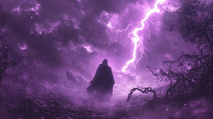 A mysterious figure in a dark cloak stands under a purple sky filled with lightning, surrounded by an eerie landscape of stormy clouds.