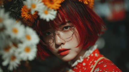 Floral-adorned girl with vibrant red hair and glasses