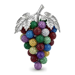 a bunch of grapes made of various jewels isolated against a white background. Jewelry, sparkle, luxury, fruit, diamond, precious stones, tropical, luxury, fine jewelry, high-end art,  gemstone