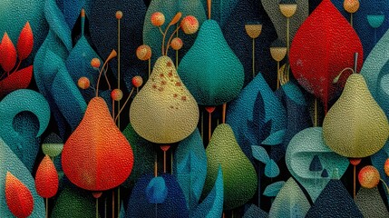A colorful painting of a forest with many different colored flowers and trees. The painting is full of life and energy, with each flower and tree having its own unique color and shape