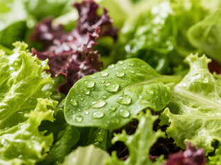 Crisp Salad Greens with Water Droplets, Macro View
