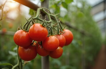 Vibrant red heirloom tomatoes in greenhouse. Ripe, fresh tomatoes on vine. Organic, healthy harvest. Food growing concept. Gardening, farming, agriculture and nutrition. Vegetable, vegan, vegetarian.