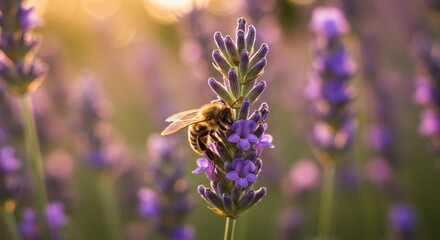 Obraz premium Honeybee on Lavender at Golden Hour Close Up