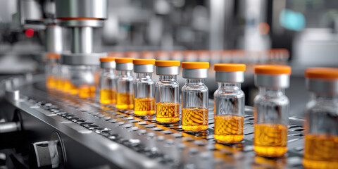 Automated Pharmaceutical Production Line with Vials of Medicine - Efficient Manufacturing Process for Vaccines, Drugs, and Medical Solutions