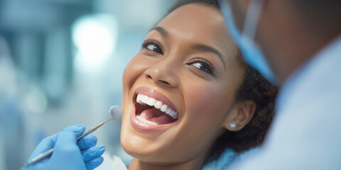 Radiant Young Woman with Perfect Smile at the Dentist's Office - Bright and Healthy Teeth Examined by Dental Professional for Optimal Oral Health Check-up