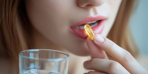 Healthy Young Woman Taking a Golden Gel Capsule with Water - Essential Daily Supplements for Wellness, Medicine, and Nutritional Support