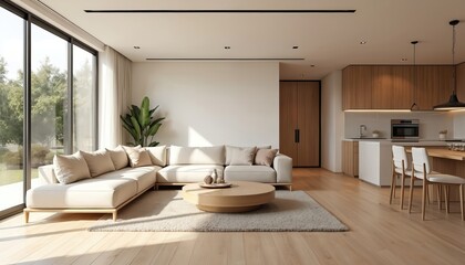 Modern minimalist interior design, open-concept living space. Neutral colors, sleek furniture, large windows offer natural light. Living room connected to kitchen, featuring sofa, round coffee table,