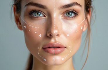 Close-up of woman face with thread lift procedure markings. Arrows indicate direction of lifting for facial contouring, skin rejuvenation. Plastic surgery, beauty, cosmetic treatment concepts