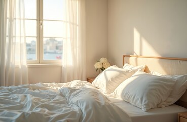 Bright sun streams through window, illuminating cozy bedroom. Unmade bed with white pillows, sheets create calm atmosphere. Soft curtains, flowers add to peaceful indoor scene. Perfect for