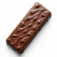 Delicious chocolate coated cereal bar isolated on white background. Tasty snack, dessert with crispy grain and nuts. Perfect for breakfast or as a sweet treat for candy lovers.