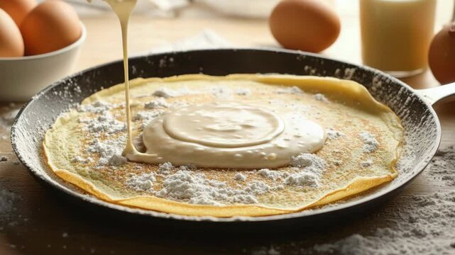 A close-up of a delicious Nutella and powdered sugar French crepe, drizzled with more Nutella.
