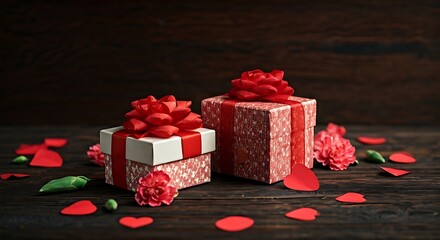 Romantic Valentine's Day: Two beautifully wrapped gifts with red bows on a rustic wooden table surrounded by heart confetti.