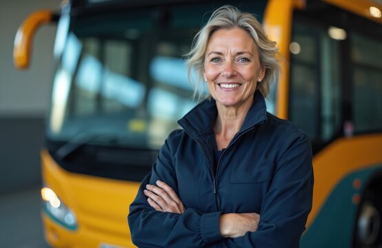 Portrait of middle-aged female bus driver smiling. Caucasian woman pro bus operator, standing in front of yellow public transport vehicle. Transportation industry, public service job, urban