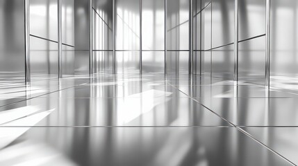 A reflective hallway with glass walls and a shiny floor creating a modern and clean aesthetic space