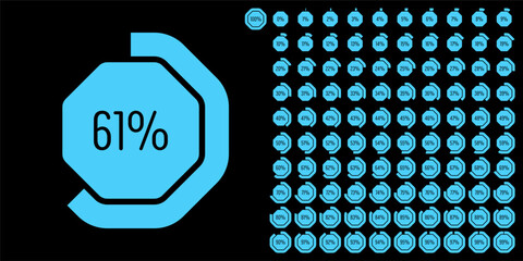 Set of octagon percentage diagrams meters from 0 to 100 ready-to-use for web design, user interface UI or infographic - indicator with blue