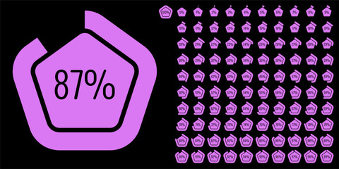 Set of pentagon percentage diagrams meters from 0 to 100 ready-to-use for web design, user interface UI or infographic - indicator with purple