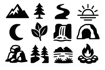 12 black nature landscape icons. Solid vector for outdoors, wilderness and exploration.