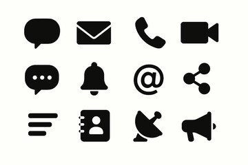 12 black communication icons. Solid vector symbols for messaging, calls and connectivity.