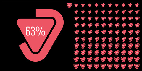 Set of triangle percentage diagrams meters from 0 to 100 ready-to-use for web design, user interface UI or infographic - indicator with red