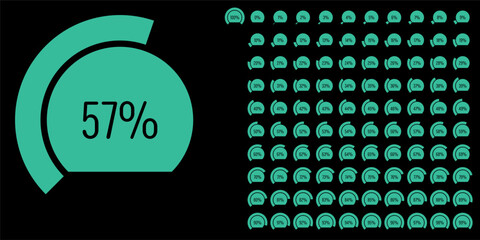 Set of circular sector arc percentage diagrams meters progress bar from 0 to 100 ready-to-use for web design, user interface UI or infographic - indicator with green