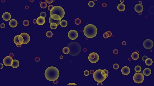 Animated yellow and orange bubbles floating on a dark blue background isolated on white background