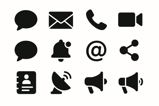 Black set of 12 messaging icons. Minimal vector for contact, media and interaction.