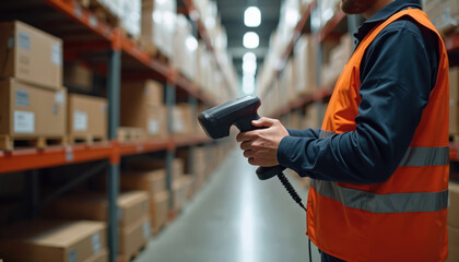Warehouse worker scans inventory boxes with handheld scanner. Man in orange safety vest works in distribution center. Employee performs order fulfillment operations. Warehouse storage shelves in