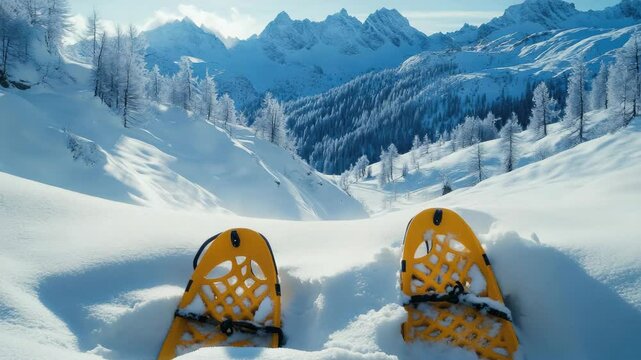 Yellow cross country skis in snow-covered mountains.