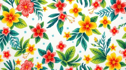 summer pattern pattern of tropical flowers and leaves on a white background.