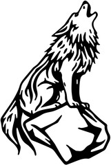 Wolf howling on a rock, clean tribal silhouette, black and white tattoo-inspired decal