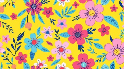 summer yellow pattern background with pink and blue flowers.